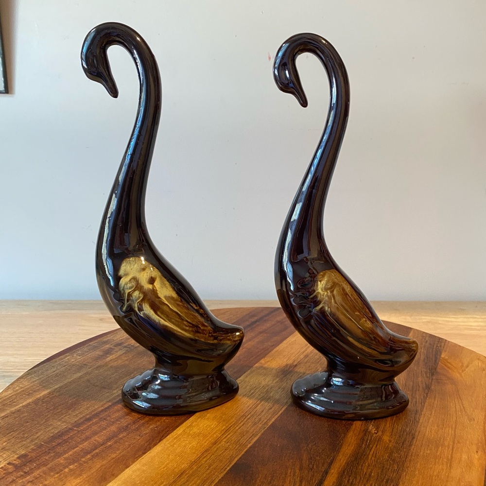 Pair of Vintage Enesco Japan Drip Glaze Redware Swans MCM